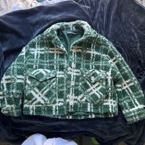 Zara Fuzzy Green and White Plaid Jacket